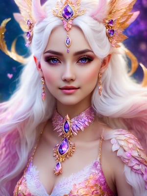 (best quality,8K,highres,masterpiece), ultra-detailed, (fantasy creature, super colorful), featuring a mesmerizing being with heart-shaped pupils, ethereal white hair, and enchanting purple eyes. Their cheeks are adorned with a gentle blush (blush:1.1), and they wear a captivating choker around their elegant neck. The upper body of this fantastical creature is adorned with a shimmering crop top that radiates love and happiness. A cheerful smile graces their face as they emanate an aura of joy and enchantment. Their lace attire and surroundings are a dazzling tapestry of vibrant colors and bokeh, creating a dreamlike atmosphere. Freckles (freckles:0.8) adorn their natural skin texture, adding a touch of uniqueness to their portrait. The scene is an explosion of fantastical hues, making this creature a living embodiment of a vivid and magical world.