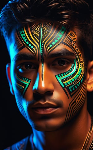 (best quality, 4K, 8K, high-resolution, masterpiece), ultra-detailed, photorealistic, young stunning man, intricate Techno Primitive face paint, glowing neon circuit patterns, tribal markings, high contrast, dramatic lighting, futuristic and tribal fusion, high-tech aesthetic, artistic composition.