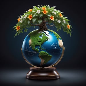 (best quality,8K,highres,masterpiece), ultra-detailed, tree planting, a earth globe with flowers and plants on it, on a dark background, with a blue sky