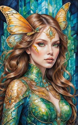 (best quality,8K,highres,masterpiece), ultra-detailed, (portrait of a stunning beauty woman, a beautiful cyborg with brown hair and sharp green eyes), an enchanting portrait capturing the beauty of a cyborg woman with striking brown hair and sharp green eyes. Her features are intricate and elegant, with every detail meticulously rendered to showcase her majestic presence. The portrait is captured through digital photography, allowing for the highest level of detail and realism. Adorning her cyborg form are delicate gold butterfly filigree accents, adding a touch of ethereal beauty to her appearance. Translucent fairy wings extend from her back, hinting at her otherworldly nature and grace. Surrounding her is a shattered glass motif, symbolizing both her fractured humanity and her resilience. This artwork captures the juxtaposition of beauty and technology, inviting the viewer to explore the depths of her character and identity. Feel free to add your own creative touches to enhance the realism and detail of this captivating portrait.
