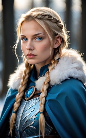 score_9,score_8_up,score_7_up, photorealistic, photography, 1girl,long hair,looking at viewer,blue eyes,blonde hair,upper body,braid,cape,armor,mole,twin braids,lips,fur trim,blurry background,freckles,realistic