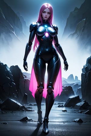 (best quality,ultra-detailed,realistic:1.37),studio photo,beautiful robotic metal woman standing alone,strange fantasy image,odd glowing rocks,beautiful,detailed,long flowing hair,medium breasts,great skin texture,artificial intelligence,unique outfit,shiny metallic surface,elegant pose,vibrant colors,dramatic lighting,ethereal atmosphere