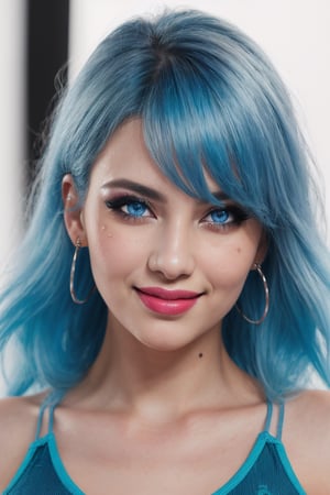 (best quality, 4k, 8k, highres, masterpiece:1.2), ultra-detailed, woman,smiling,blue hair,gym clothes,(best quality,highres:1.2),(vivid colors,colorful:1.1),(bokeh),(studio lighting),(ultra-fine painting),(sharp focus),(extremely detailed eyes and face), (detailed lips),(beautiful detailed eyes),(long eyelashes)