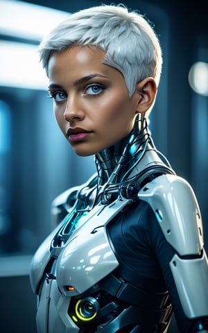 score_9,score_8_up,score_7_up, photorealistic, photography, 1girl,looking at viewer,short hair,upper body,white hair,small breasts,parted lips,dark skin,armor,lips,grey eyes,blurry background,science fiction,realistic,very short hair,cyborg,cyberpunk