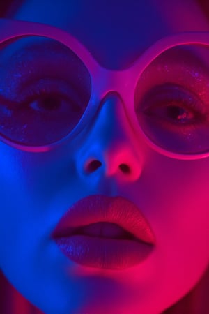 Neon-lit close-up, A hyper-realistic close-up of a beauty supermodel sexy girl face, big lips, bathed in neon pink and purple light with glittering particles on her skin, neon sunglasses with glitter textures patterns, fashion magazine style, beautiful background, Use soft colors and a shallow depth of field