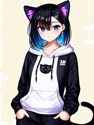 1girl, solo, looking at viewer, blue eyes, shirt, black hair, long sleeves, hair ornament, animal ears, closed mouth, jewelry, jacket, collarbone, tail, white shirt, multicolored hair, earrings, hairclip, hood, cat ears, black jacket, animal ear fluff, cat tail, cat girl, extra ears, hooded jacket, colored inner hair, hands in pockets
