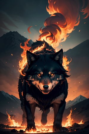 (best quality, highres:1.2, ultra-detailed, photorealistic:1.37), giant wolf Fenrir, fire, mountains, protruding, broken shackles, chains hanging, red eyes, angry, realistic lighting, dark atmosphere, eerie shadows, menacing presence, glowing embers, powerful stance, epic landscape, smoke billowing, intense heat, growling, fierce expression, wild fur, towering silhouette, raging flames, ethereal glow, foreboding, untamed power