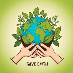 (best quality,8K,highres,masterpiece), ultra-detailed, tree planting, vector illustration, a poster with hands holding a earth globe and a plant growing out of it's top, text on it (plant trees save earth)