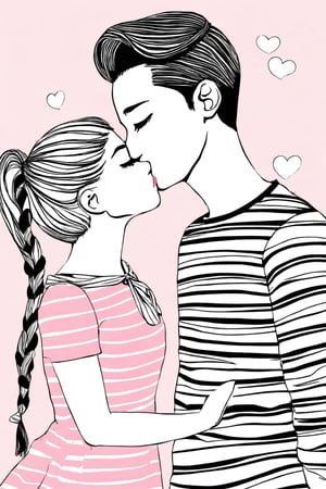 AiArtV,Valentines Day, 1girl,blush,shirt,1boy,dress,monochrome,closed eyes,ponytail,hetero,heart,one eye closed,striped,kiss,striped shirt,pink theme,kissing cheek