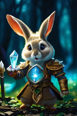 best quality, 4K, 8K, high-resolution, masterpiece, ultra-detailed, photorealistic,  an image of a rabbit dressed as an elf holding a crystal in front of a dark, forested background, looking at viewer, holding, animal ears, rabbit ears, armor, no humans, gem, furry, staff, rabbit