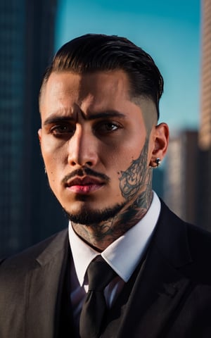 (best quality,highres,masterpiece:1.2),ultra-detailed,realistic:1.37,cinematic,portrait,tattoo on her neck,detailed eyes and lips,man with neck tattoo,wearing a dark suit,strong expression,serious,city backdrop,striking lighting,gritty atmosphere,dramatic shadows,vivid colors,bokeh