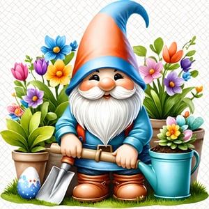 AiArtV,Happy Easter,colorful,easter theme,clipart, a gnome with a shovel and potted plants