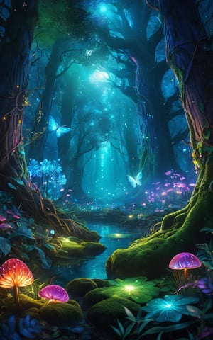(best quality,8K,highres,masterpiece), ultra-detailed, (enchanted forest with glowing flora), an enchanted forest where the flora emits a gentle, magical glow. The scene is filled with towering ancient trees, their branches intertwined and leaves shimmering with bioluminescent light. Various fantastical creatures, such as fairies and glowing insects, inhabit the forest, creating a mesmerizing and otherworldly ambiance. The overall composition is serene and enchanting, inviting viewers to explore the mystical landscape.