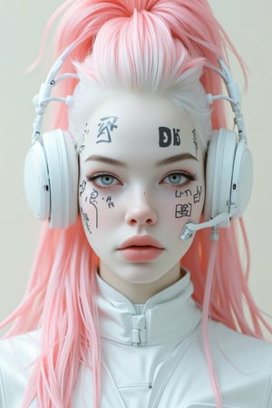 Cyborg style,
A woman is wearing white headphones on her head. The headphones are white and have wires coming out of the back of them. The woman has long pink hair that is tied up in a ponytail. She is wearing a white shirt that is draped over her shoulders. Her face is white and she has black writing on her face. Her eyes are blue and her eyebrows are black. Her lips are pink and her nose is white.