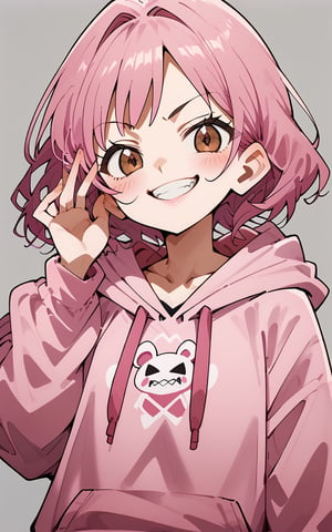 score_9,score_8_up,score_7_up,
1girl,looking at viewer,blush,smile,short hair,bangs,simple background,long sleeves,brown eyes,collarbone,upper body,pink hair,teeth,hand up,hood,grey background,grin,hoodie,hood down,pink hoodie,purple hoodie