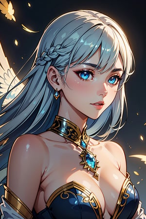 (best quality,ultra-detailed,realistic:1.37),woman in a silver and blue dress,chengwei pan on artstation,detailed fantasy art,stunning character art,portrait,female,fantastic,surreal,ethereal,artistic,beautiful eyes,beautiful lips,glowing dress,flowing dress,elegant,graceful,striking pose,fantasy background,magical atmosphere,soft lighting,subtle shadows,vibrant colors,sublime,theatrical,mesmerizing,eye-catching,impressive,visually captivating,aesthetic,exquisite,finely detailed,delicate,highest level of craftsmanship,silver gown with intricate patterns,blue accents with shimmering effect,fine silver jewelry,elaborate hairstyles,ethereal makeup,graceful movements,gentle breeze,rays of light,powerful yet feminine presence,dreamlike composition,enchanted garden setting,mystical elements,otherworldly beauty