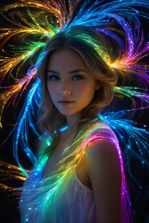 best quality, 4k, 8k, highres, masterpiece:1.2), ultra-detailed, (realistic, photorealistic, photo-realistic:1.37), Luminogram portrait with fiber optic light painting, Light field photography, Light painting, Light tracing, portraits, bokeh, studio lighting, physically-based rendering, vivid colors, sharp focus, reverse vignette, ethereal glow, colorful, delicate details, soft shadows, luminescent strands, subtle highlights, ambient incandescent light, fantastical atmosphere, glowing figures, unconventional light sources, contrasting hues, fiber optic brushstrokes, hypnotic patterns, trail of lights