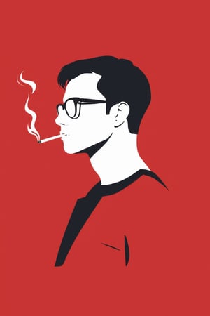 AiArtV, Flat Illustration, Vector Illustration, 1boy,solo,short hair,simple background,monochrome,upper body,glasses,from side,profile,mouth hold,red background,cigarette,smoking,red theme