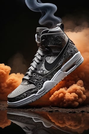 (best quality,8K,highres,masterpiece), ultra-detailed illustration capturing the design process of sneakers, focusing on shoes engulfed in a smoke cloud against a blurry nighttime backdrop. The scene depicts a ground vehicle, subtly reflected in the surface below, adding depth to the composition. The sneakers, the central focus of the image, are shrouded in smoke, highlighting their dynamic design elements and creating an atmosphere of mystery and intrigue. The interplay of light and shadow enhances the visual impact, while the reflection on the ground adds a layer of realism to the scene, immersing the viewer in the urban setting. This artwork is a testament to the creativity and craftsmanship involved in sneaker design, showcasing the fusion of style and functionality in a captivating visual narrative.