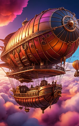 (best quality,8K,highres,masterpiece), ultra-detailed, (steampunk airship in the clouds), depiction of a majestic steampunk airship navigating through a sea of clouds. The airship is adorned with intricate brass and copper details, with massive propellers and billowing sails. The sky is painted with hues of orange and pink from the setting sun, casting a warm glow over the scene. The overall composition captures the adventurous spirit of steampunk, with a focus on the detailed craftsmanship of the airship.
