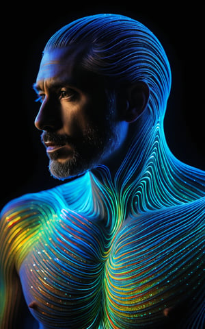 (best quality, 4K, 8K, high-res, masterpiece:1.2), ultra-detailed, photorealistic, a man made of light, bioluminescent rainbow colored lines, style of photonegative refractography, glowing, vibrant colors, intricate patterns, surreal, high detail, high resolution, ethereal atmosphere.