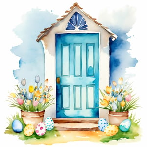 AiArtV,Happy Easter,colorful,easter theme,watercolor,clipart, a house with a blue door and a bunch of eggs