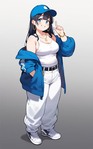 score_9,score_8_up,score_7_up, 1girl,long hair,looking at viewer,blush,smile,bangs,blue eyes,shirt,black hair,long sleeves,hat,white background,bare shoulders,jewelry,medium breasts,blue hair,standing,collarbone,jacket,full body,white shirt,earrings,open clothes,shoes,alternate costume,belt,pants,grey background,necklace,off shoulder,grin,bracelet,open jacket,gradient,gradient background,white footwear,tank top,blue jacket,sneakers,clothes writing,baseball cap,blue headwear,hoop earrings,white pants,white tank top,baggy pants