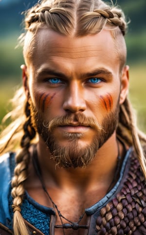 (best quality,8K,highres,masterpiece), ultra-detailed, (extremely realistic picture of a Viking warrior), extremely realistic Viking warrior with long, braided dark-blonde hair. He is a strong man with Viking black warpaints on his face, which is extremely detailed and lifelike. His hazel eyes are striking and realistic, with a focus on his face. The light-blue eyes add to his fierce and determined look. He stands in a meadow, the natural surroundings enhancing the authenticity of the scene. Every feature, from the texture of his hair to the intensity of his gaze, is rendered with meticulous detail, creating a powerful and immersive image.