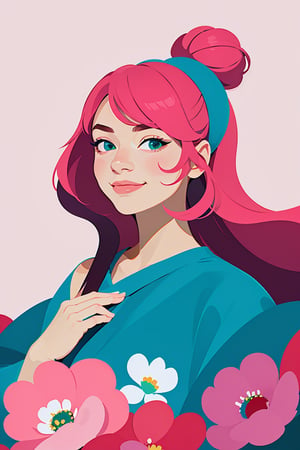 shadow flat vector art, masterpiece, 8k, highest quality, woman wearing qingfashion, portrait, sweet smile, spring flowers, blue green and pink