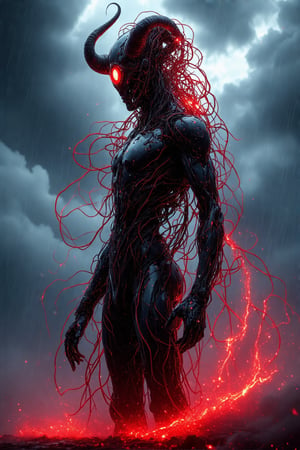 A sleek cyborg figure, drenched in shadow, stands against a stormy sky. Glowing red circuits and patterns illuminate its black metallic body, flowing like veins throughout. One eye gleams intensely with a fiery red light. Tangled, horn-like structures extend from the head, dissipating into a cascade of brilliant red particles. Billowing red trails of energy intertwine with the wires, adding dynamic movement. The background features dark, ominous clouds, creating a stark contrast against the vibrant red and black colors of the cyborg.