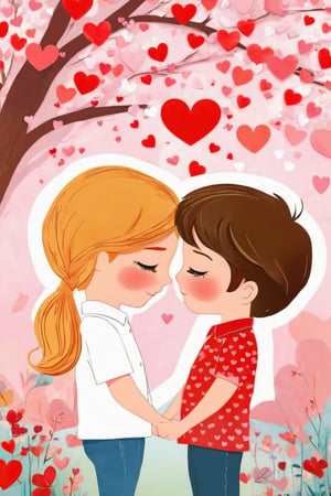 (best quality,8K,highres,masterpiece), ultra-detailed, Valentine's Day inspired scene featuring a couple in a sweet, intimate moment. The girl, with a radiant smile and short brown hair, wears a shirt that contrasts beautifully with the boy's yellow or orange shirt. They are depicted against a stark white background, focusing the viewer's attention on the connection between them. The boy, in a white collared shirt with short sleeves, gently kisses the girl on the cheek, who responds with closed eyes and a content expression, her hair tied back in a practical ponytail. The simplicity of their attire, including the girl's dress and the boy's casual shirt, underscores the genuine and heartfelt emotion of the scene. Blush stickers on their cheeks add a playful, animated touch to their expressions, emphasizing the warmth and affection they share. The artwork captures the essence of young love, symbolized by a heart that encompasses their joy and companionship, celebrating Valentine's Day with a portrayal of innocent and joyful affection.