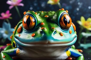 silly, frog, wallpaper, portrait, (best quality, 4k, 8k, highres, masterpiece:1.2), ultra-detailed, (realistic, photorealistic, photo-realistic:1.37), colorful, playful lighting, detailed eyes and face, comical expression, dark background, surreal, fun, concept artists