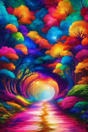 (best quality,8K,highres,masterpiece), ultra-detailed, (colorful, kaleidoscopic) scene in the heart of an untouched primeval forest. A mesmerizing explosion of vivid colors unfolds within a timeless tunnel, forming a breathtaking gateway to another dimension. Nature's palette paints the scene in super vibrant hues, as if the very fabric of the lush surroundings is a tapestry of radiant, pulsating colors that defy the ordinary.