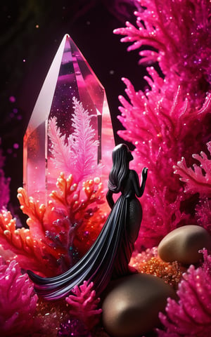 (best quality, 4k, 8k, highres, masterpiece:1.2), ultra-detailed, realistic, photorealistic, Produce a photo capturing a surreal scene of a ghostly long-tailed crystal adorned with black, pink, fuchsia, and red hues. Include a woman surrounded by highly detailed, frozen organically grown crystals. Enhance the composition with gold and pearl filigree. Infuse the atmosphere with glowing stardust. Ensure a 35mm photograph with smooth focus and an 8K. Aim for a perfect composition embodying the essence of a lively coral reef background, creating a hyper-realistic masterpiece with natural light and high detail.
