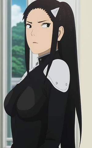 Kaiju No. 8, Mina Ashiro with long black hair standing in front of a window and looking off to the side while wearing a black top