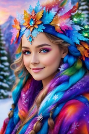 (best quality, 8K, highres, masterpiece:1.2), ultra-detailed, (fantasy-inspired, whimsical:1.37), portrait of a captivating and smiling caucasian woman transformed into a enchanting winter faerie. Her eyes, now large and luminous with detailed, circular irises of vivid, iridescent colors, reflect the magic of the winter season. She wears fantastical winter attire adorned with luxurious fur trim that shimmers with a kaleidoscope of vibrant colors. The snowy scenery behind her is a fantasy wonderland, with soft, colorful snowflakes falling gently from the sky. As she breathes icy air, her rosy cheeks and lips hint at the enchantment of this realm. Her hair flows in long, flowing strands, decorated with delicate, multi-colored snowflakes. Her pose exudes elegance and confidence, with a subtle, warm lighting accentuating her radiance. Her joyful expression and sparkling eyes reveal the innocence and wonder of this enchanting winter creature, who brings peace and serenity to the snow-covered trees in the background. The scene is an explosion of vibrant and fantastical colors, transforming the winter landscape into a magical realm.