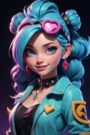 (best quality, 4k, 8k, highres, masterpiece:1.5), ultra-detailed, 1girl,solo,long hair,looking at viewer,blush,smile,blue eyes,jewelry,blue hair,jacket,upper body,braid,:d,heart,multicolored hair,earrings,fang,artist name,necklace,hair bun,twin braids,collar,double bun,tattoo,chain,piercing,goggles,ear piercing,bandaid,spikes,goggles on head,bandaid on face,spiked collar,chain necklace,sticker,jinx (league of legends)