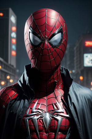 (Breathtaking 8K concept art), (Spiderman in a striking black and red armored suit, unmasked, with a flowing cape:1.3), Set against a detailed night cityscape, captured with cinematic precision, (Enhanced by soft, natural volumetric lighting:1.3), Drawing inspiration from artistic masters like Caravaggio and modern visionaries like Rutkowski and Beeple, (An ArtStation sensation:1.3), This masterpiece showcases Spiderman in a whole new light, (Artistic excellence on display:1.3)