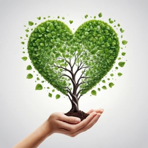 (best quality,8K,highres,masterpiece), ultra-detailed, tree planting, a person holding a heart shaped tree in their hands with leaves flying around it and a white background