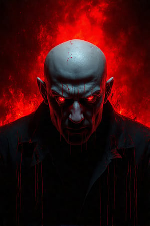 A menacing figure with a bald head and deep frown looms against a fiery red background. Glowing red eyes pierce through the darkness, creating a stark contrast with the dark, almost black skin. Thick, vertical streaks of red paint drip down the face and shoulders, adding a chaotic texture. The intense light source from behind casts an ominous glow around the head, enhancing the sinister atmosphere.