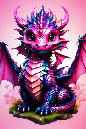 (best quality,8K,highres,masterpiece), ultra-detailed, (super colorful, pink dragon face), depicting the enchanting visage of a baby dragon girl. Her radiant pink scales glisten with vibrancy as she gazes at the viewer with a warm smile. Set against a simple yet striking white background, this illustration focuses on her charming face, showcasing her sparkling black eyes and the magnificent wings and head wings that frame her expression. The dragon's appearance is reminiscent of a delightful creature from the world of Pokémon, harmoniously fused with fantastical elements and a mesmerizing array of vivid pink hues, creating a captivating and stunning masterpiece.