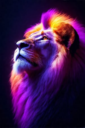 A majestic lion gazes upward, its regal mane bathed in vibrant hues of purple, orange, and pink under dramatic lighting. The intricate textures of its fur are accentuated, creating a mesmerizing contrast against the dark, shadowed background. Intense light illuminates one side of the lion's face, highlighting its focused, amber eye and prominent whiskers. The striking interplay of colors and light adds a surreal, almost dreamlike quality to the scene.