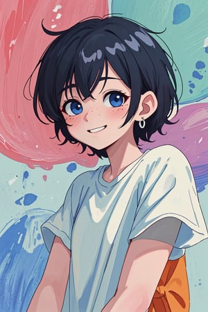 (best quality, 4k, 8k, highres, masterpiece:1.5), ultra-detailed,anime, solo,looking at viewer,blush,smile,short hair,blue eyes,shirt,black hair,1boy,jewelry,white shirt,upper body,short sleeves,male focus,earrings,teeth,mole,grin,mole under eye,t-shirt,freckles