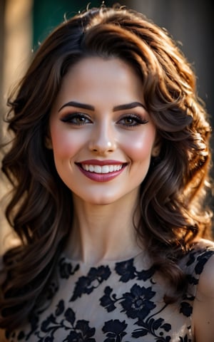 (best quality,4k,8k,highres,masterpiece:1.2),ultra-detailed,(realistic,photorealistic,photo-realistic:1.37), woman, beautiful smile,smiling face,detailed eyes,detailed lips,delicate nose,soft skin,brown wavy hair,elegant posture,feminine charm,graceful dress,fine details,gorgeous background,vibrant colors,subtle lighting,portraits