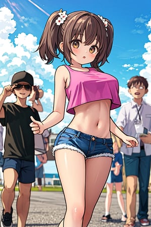 1girl, long hair, breasts, looking at viewer, large breasts, brown hair, shirt, navel, holding, brown eyes, underwear, standing, outdoors, multiple boys, sky, shorts, sleeveless, solo focus, day, midriff, dark skin, lips, crop top, short shorts, black shorts, sandals, denim, web address, denim shorts, pink shirt