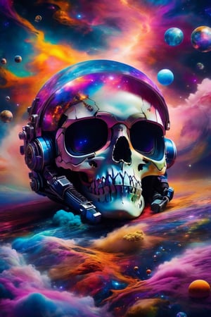 (best quality,8K,highres,masterpiece), ultra-detailed, (photoreal, cosmic, vibrant), an astronaut transformed into a skull floats in the vibrant abyss of space, surrounded by a dazzling cosmic ocean of galaxies and nebulae forming vivid and unique constellations. The bubbles surrounding the astronaut burst with an explosion of super colorful fragments, representing the vibrant knowledge and secrets of the universe. Captured with an 18 mm wide-angle camera, the 8K photorealism creates an image that not only evokes amazement at the immensity of the cosmos but also dazzles with a super colorful and awe-inspiring display.