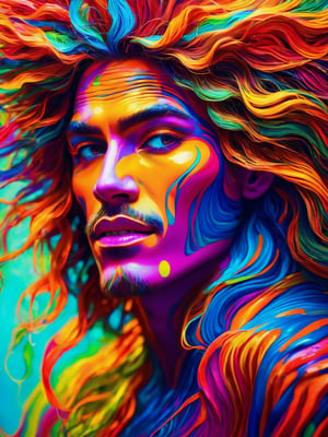 (best quality,8K,highres,masterpiece), ultra-detailed, (super colorful, vibrant), in a mesmerizing and swirling composition, an ethereal madman with wild, multi-hued hair and an enigmatic, mischievous grin captivates viewers. The neon painting bursts with a kaleidoscope of vivid and contrasting shades that bring the character to life in a dazzling display of colors. Elongated limbs and vibrant, pointed facial features add an element of energetic expression and intrigue, while the artist's intricate and vibrant brushwork showcases a masterful skill and unwavering attention to detail. This high-quality image transports us into a world of awe-inspiring wonder, evoking a sense of curiosity and fascination.