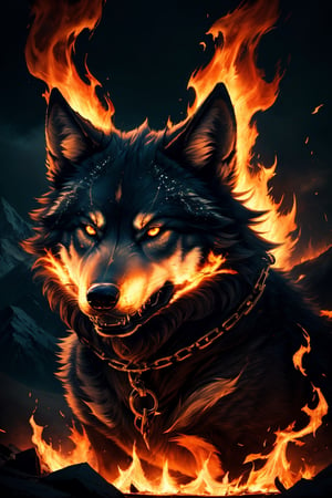 (best quality, highres:1.2, ultra-detailed, photorealistic:1.37), giant wolf Fenrir, fire, mountains, protruding, broken shackles, chains hanging, red eyes, angry, realistic lighting, dark atmosphere, eerie shadows, menacing presence, glowing embers, powerful stance, epic landscape, smoke billowing, intense heat, growling, fierce expression, wild fur, towering silhouette, raging flames, ethereal glow, foreboding, untamed power