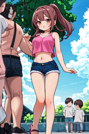 1girl, long hair, breasts, looking at viewer, large breasts, brown hair, shirt, navel, holding, brown eyes, underwear, standing, outdoors, multiple boys, sky, shorts, sleeveless, solo focus, day, midriff, dark skin, lips, crop top, short shorts, black shorts, sandals, denim, web address, denim shorts, pink shirt