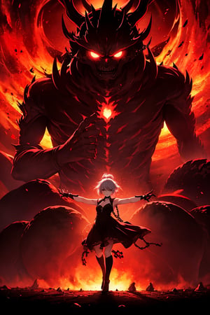 (Anime-style:1.3), (Dark and intense:1.2), A striking anime character, shrouded in shadows and poised for battle, stands against a deep crimson background adorned with menacing chains. Glowing red hollow fire particles dance around the scene, creating an otherworldly ambiance. The unique pastel look adds an ethereal touch to this dramatic and visually intense composition.